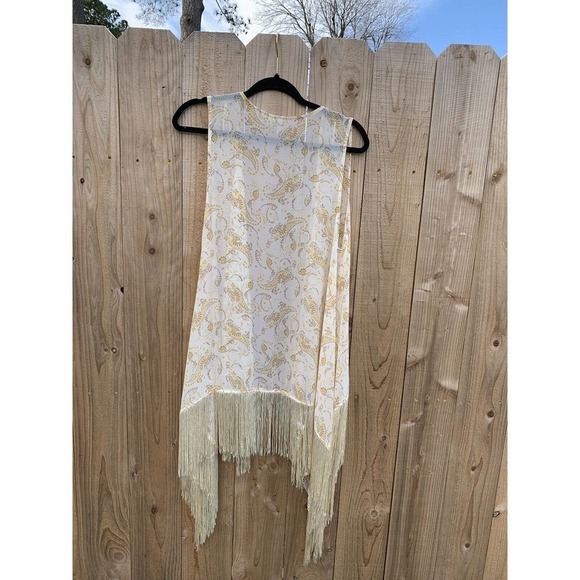 Cato Size Large Sleeveless Cardigan Fringe Paisley Light Pale Yellow Boho - Picture 6 of 6